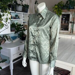 Vintage 1970s peepers Elegant Green Satin Button-Up pointed collar Shirt